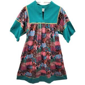 Krist Gudnason Vintage 80s Gold Ribbon‎ Patchwork 3/4 Sleeve Muumuu Maxi Dress